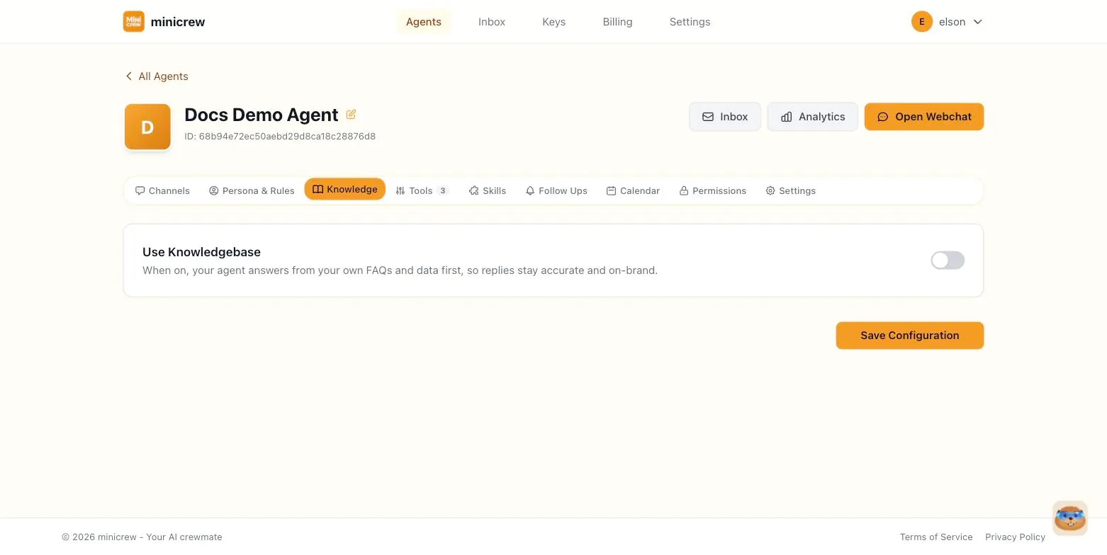 The Knowledge tab with the Use Knowledgebase toggle
