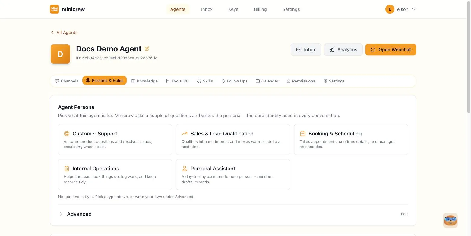 The Persona & Rules tab showing the five persona type cards: Customer Support, Sales & Lead Qualification, Booking & Scheduling, Internal Operations, and Personal Assistant